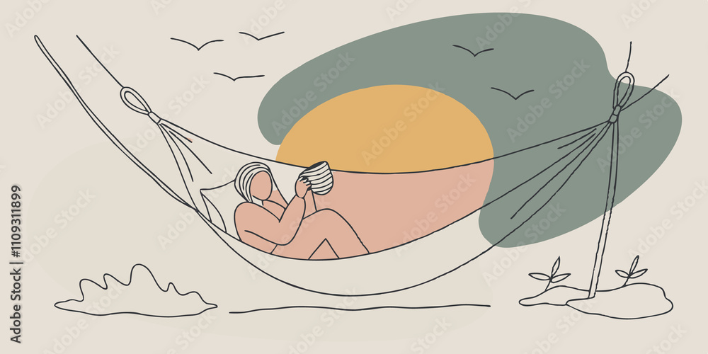 Poster Sunset Glow As the sun sets on the horizon a person lounges in a hammock knitting a scarf. The vibrant colors of the sky reflect in the yarn and the gentle swaying of the hammock