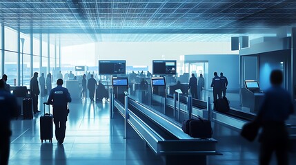 A bustling airport terminal with travelers and information displays.