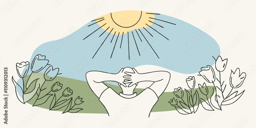 Poster Sunshine Flowers With the sun shining brightly overhead the person is sprawled out hands tucked behind their head. Surrounding them are s of bright tulips and lilacs creating a