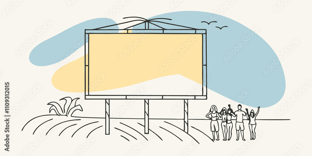 Poster Sunset Silhouette As the sun begins to set creating a warm glow in the sky the sign stands as a silhouette against the backdrop of vibrant oranges and purples. Beachgoers are seen