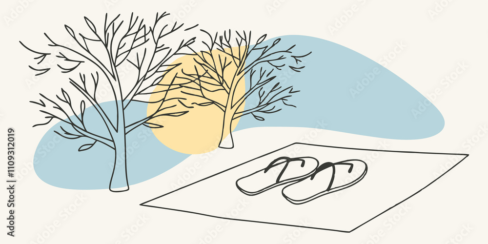Poster Sunshine and Relaxation A sunbeam breaks through the tree branches casting a warm glow over the scene. A pair of flipflops rests beside the blanket suggesting a carefree afternoon