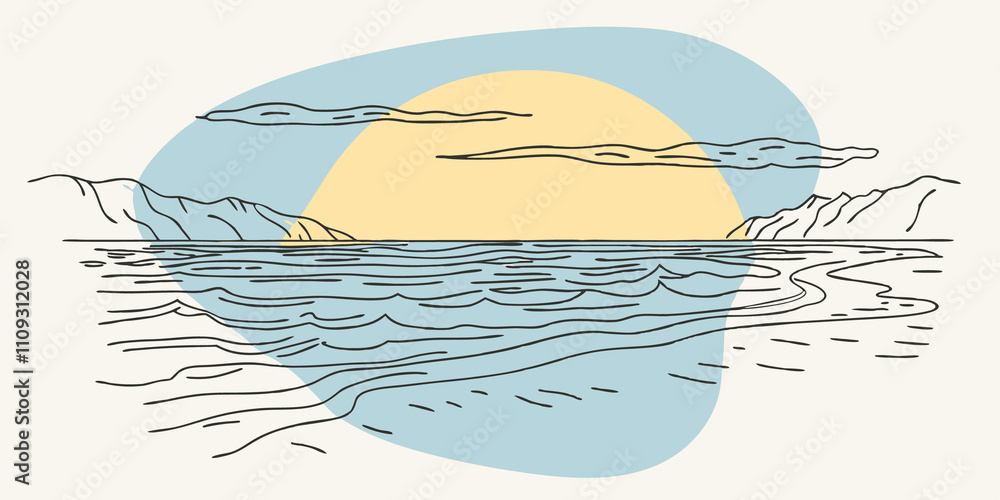 Poster Sunset Serenity Imagine a golden sunset casting a warm glow across the cove. The sky transitions into shades of orange pink and purple reflecting on the water and creating a