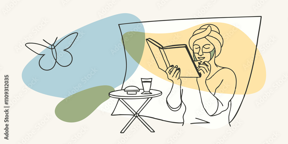 Poster Surrounded by Calm A small table beside the person holds a few calming items like a book and a refreshing drink. They pause from applying the mask to glance at a nearby butterfly