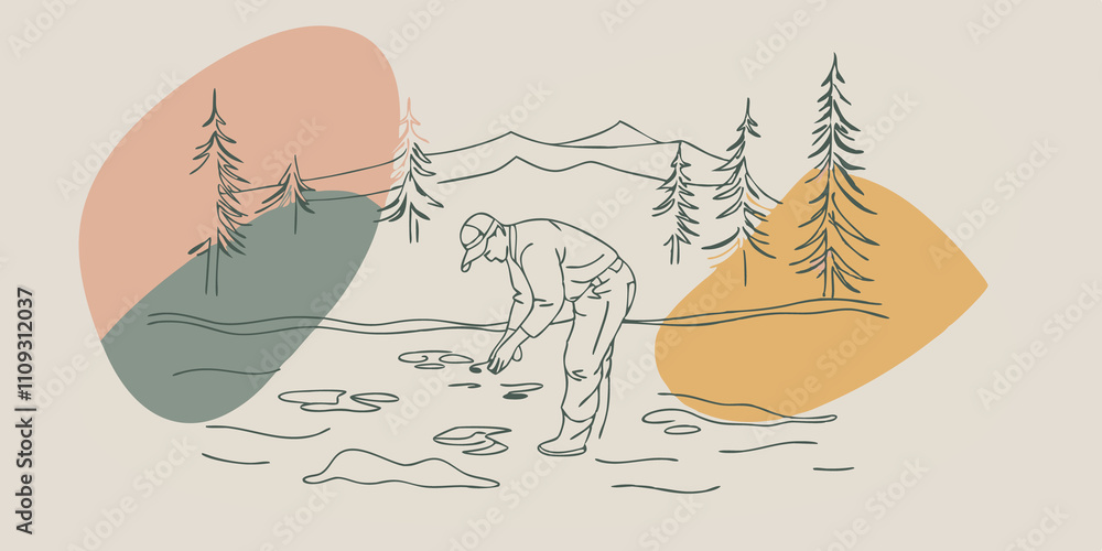 Aufkleber Surrounded by Wilderness An outdoorsy person stands kneedeep in the stream peering down at tiny fish darting through the clear water. Towering pine trees frame the scene adding to