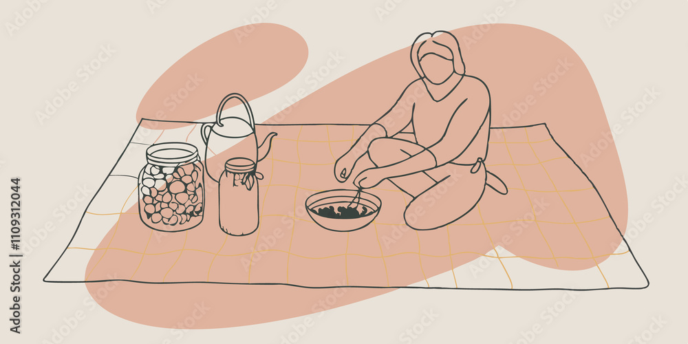 Poster tea preparation ritual an inviting picnic blanket is spread on the ground. a person sits crosslegged