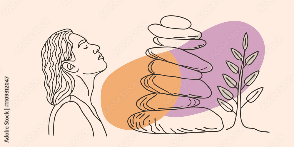 Aufkleber Taking a Breath After placing a rock the person pauses to take a deep breath eyes closed. This moment of stillness highlights the integration of mindful meditation into the act of