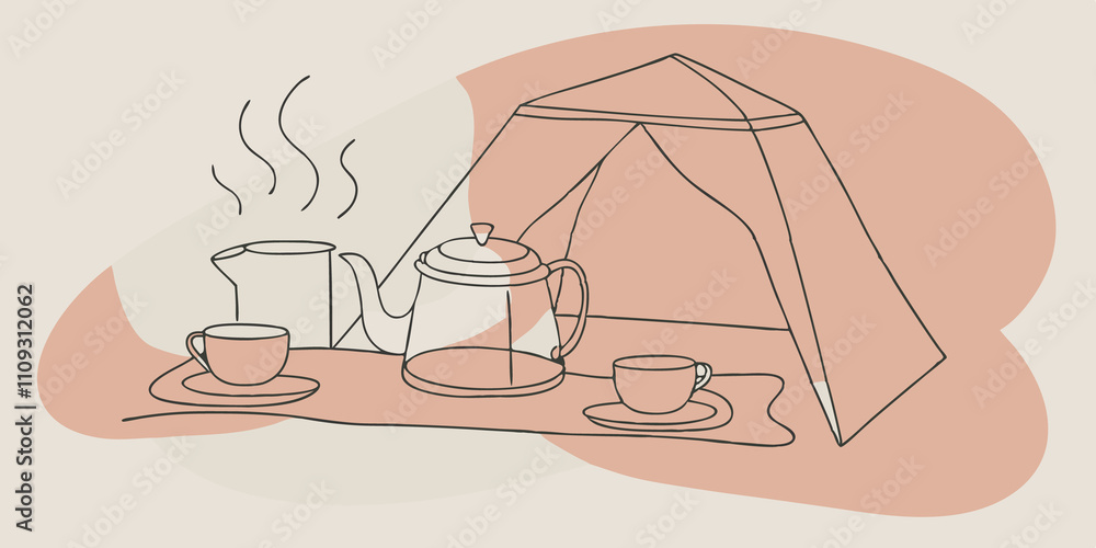 Poster Tea Time Preparation A steaming teapot sits on a small rustic table inside the fort surrounded by delicate mismatched teacups. Freshly brewed tea is poured into a cup sending