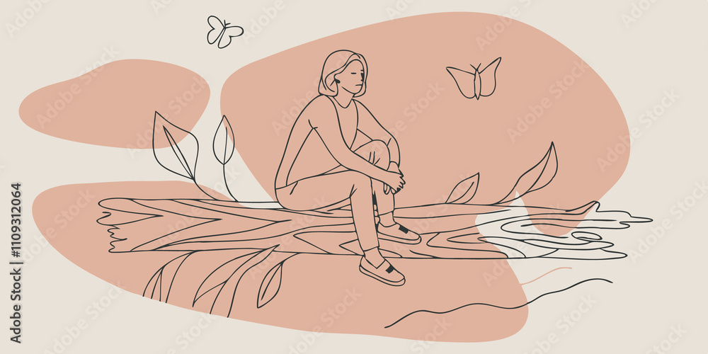 Poster Surrounded by Life A person sits on a log that rests on the edges of a stream surrounded by chirping birds and fluttering butterflies. They hold their hands on their lap and lean