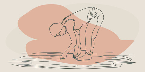 Obraz premium The Art of Stillness A side view of a figure bending over deeply immersed in creating a delicate lacelike pattern in the sand. Gentle breezes shape the strands of their hair