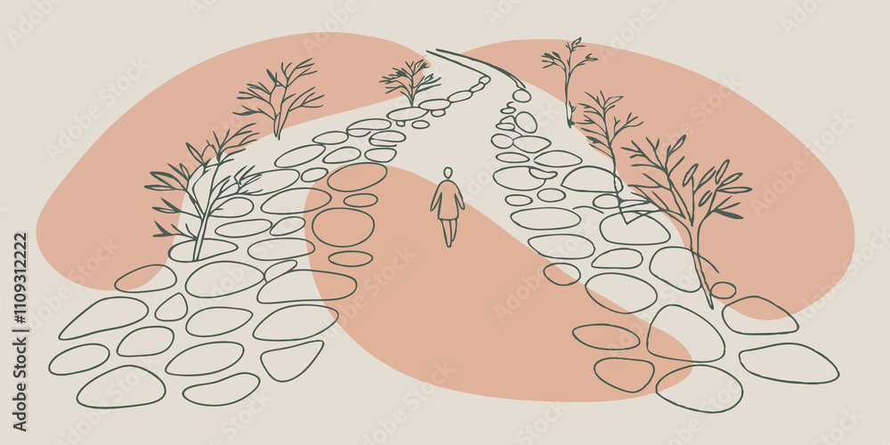 Poster Trail of Thoughts A picturesque view from above shows the figure walking along the pebbly path surrounded by various stones and greenery. The path creates a winding trail