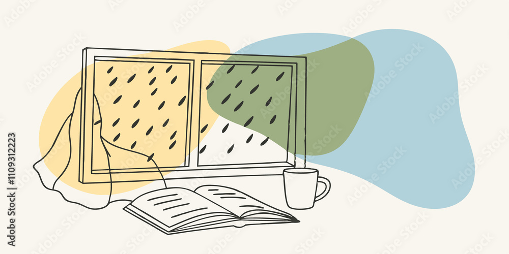 Aufkleber time stopped a person peeks out through the window tea mug in hand watching raindrops race each othe