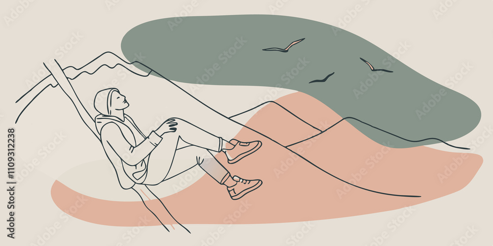Poster timeless moment a person sits on a cliffs edge swinging their legs playfully over the side while wat
