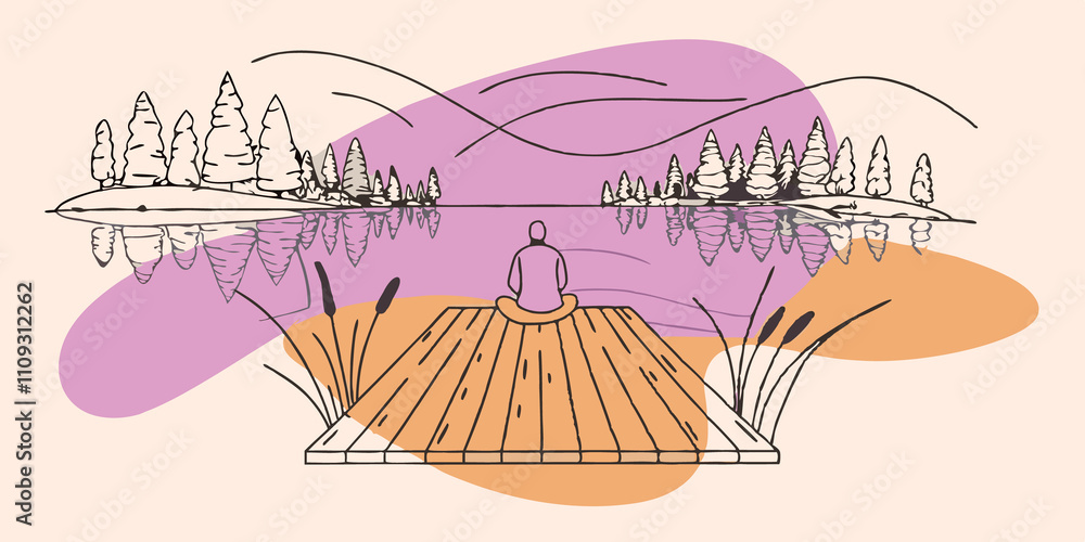 Aufkleber Tranquil Lake Scene An individual perched on a wooden dock gazes over a still lake their sketchbook balanced on their knees. They work to translate the serene landscapereflecting