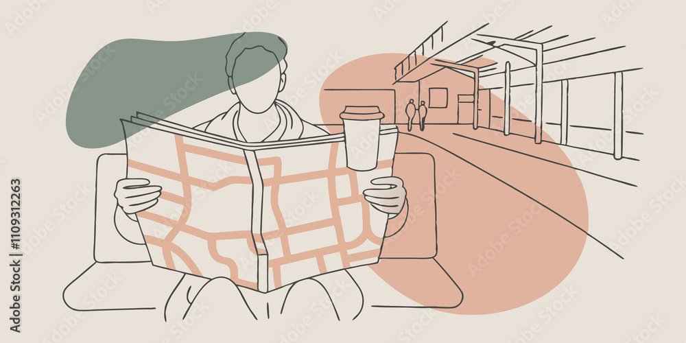 Poster Train Station Waiting Sitting on a bench at a quaint train station a traveler spreads out a train route map while scanning the surroundings. With a hot beverage in hand they study