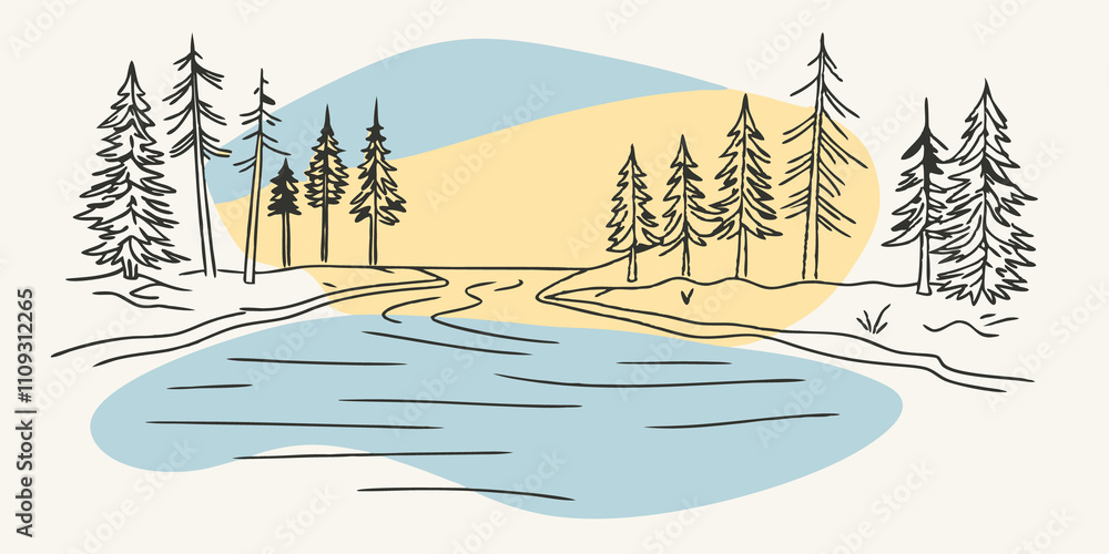 Poster Tranquil Reflection by a Stream A calm stream flows gently through the forest as sunlight glitters on its surface. Trees lining the water reflect the soft morning light creating a