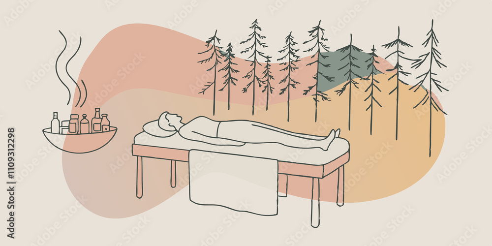 Poster tranquil forest retreat a person lies on a comfortable massage table nestled a tall lush trees. sunl