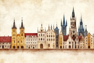 Fototapeta premium A vintage-inspired illustration of a cityscape featuring old-fashioned architecture and muted, sepia tones