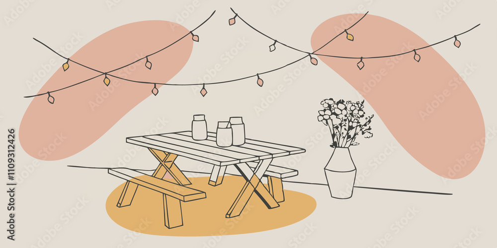 Poster twinkling canopy a serene backyard scene depicting a softly illuminated patio. various string lights