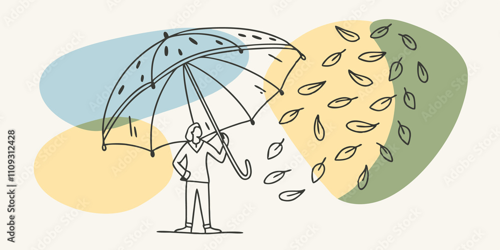 Poster umbrella reflections an individual stands under a colorful umbrella tilting their head to observe ra