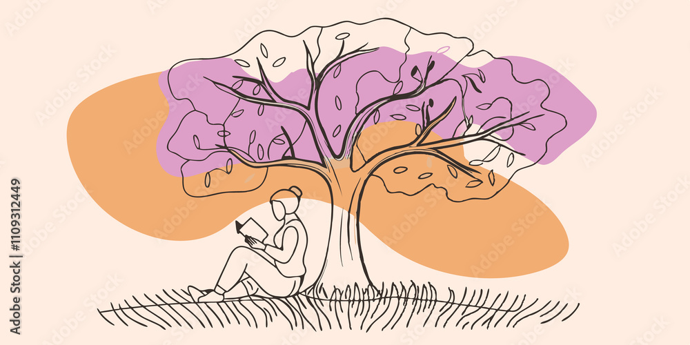 Poster under the blooms a serene figure is nestled on a soft grassy patch absorbed in a book. delicate cher