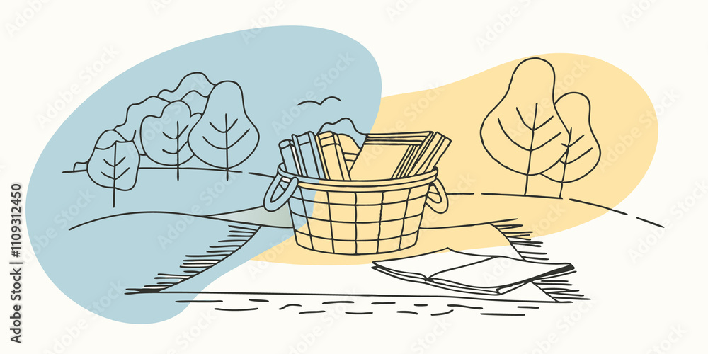 Poster Unplugged Bliss A basket filled with books and sketch pads rests beside the person inviting creativity and relaxation. The absence of technology in this serene setting encourages