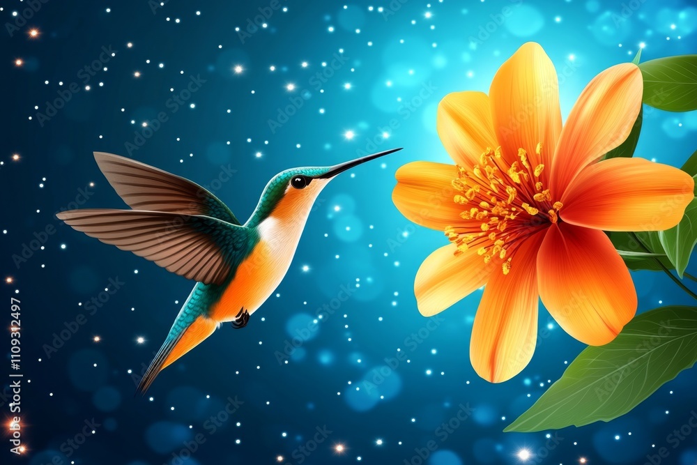 Aufkleber a flat design of a hummingbird hovering near a flower, with vibrant colors and clean lines