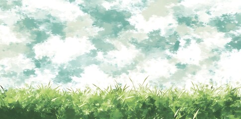 A children's book-inspired grassy field, soft pastel greens and blues, flat cartoon style with white clouds.