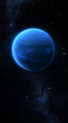 Fototapeta premium Mobile phone wallpaper: lue planet in space, glowing with light and surrounded by stars. The background is a dark black, creating an atmosphere of mystery and grandeur