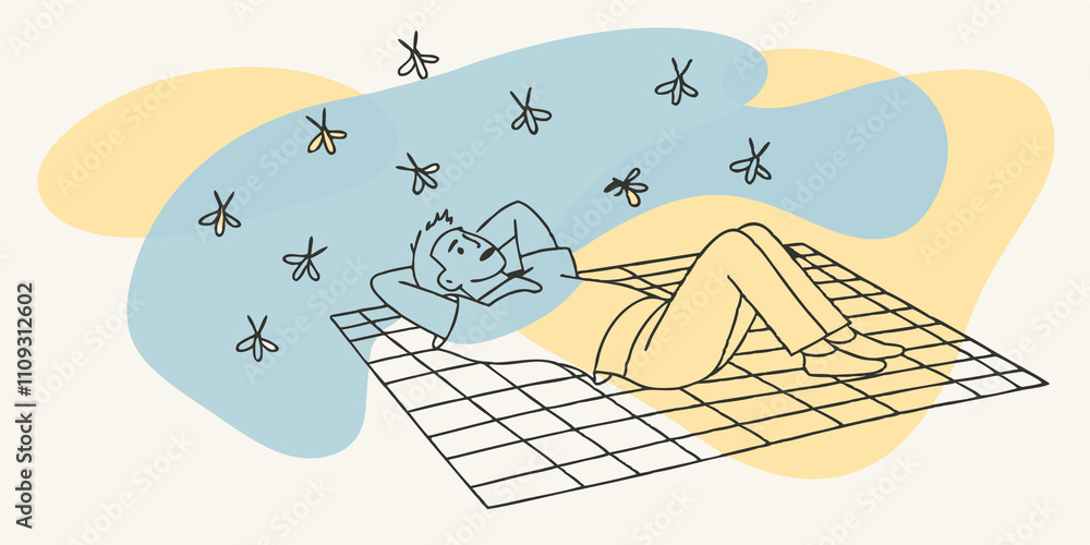 Aufkleber Whimsical Wonder A young adult sprawls out on a whimsical picnic blanket looking up with a sense of wonder. Fireflies flicker around adding a touch of magic to the scene as the