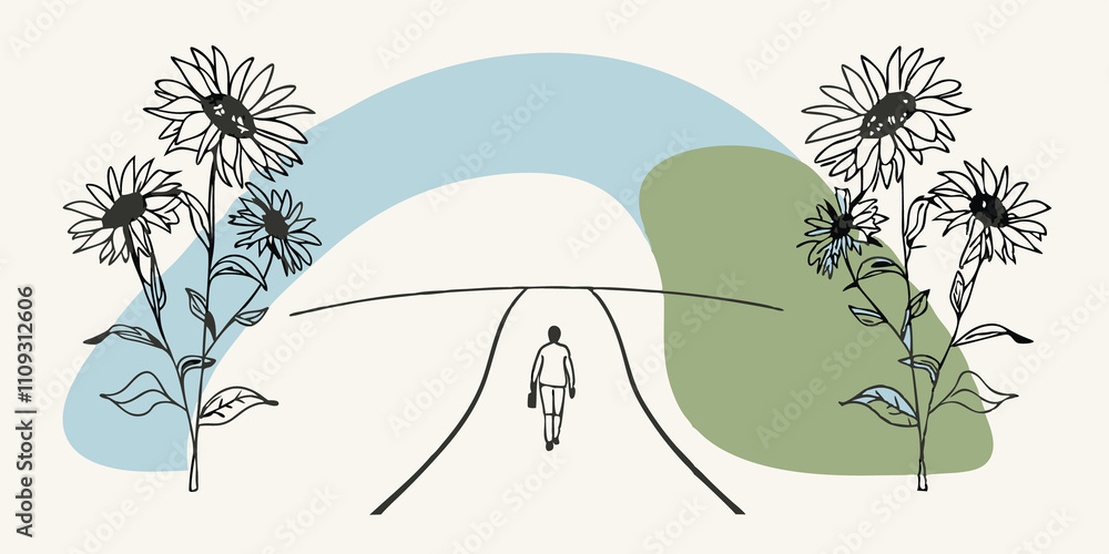 Poster Whimsical Wanderer The silhouette of someone can be seen walking along a winding path bordered by sunflowers that seem to bend and lean in creating a cheerful archway of color. The