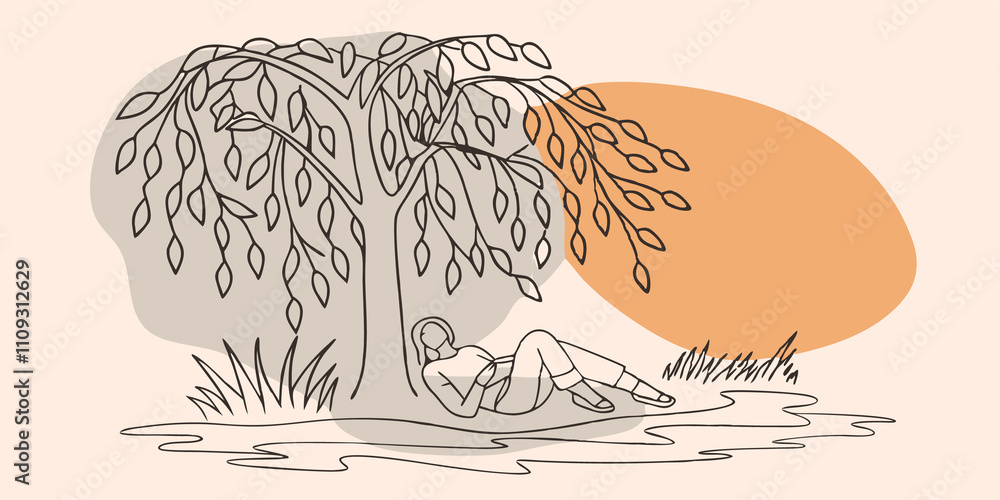 Aufkleber whispering leaves a person lies in a blissful slumber beneath the leafy canopy of a tall tree. the l