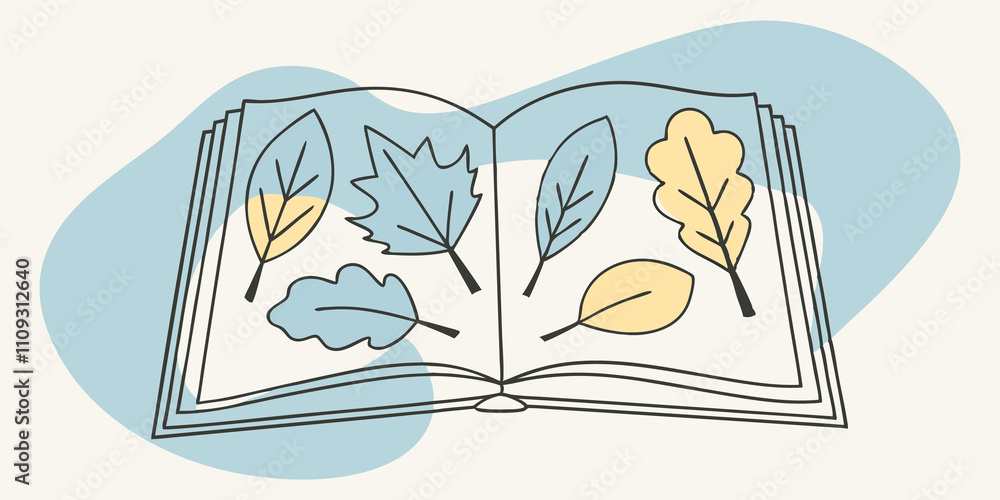 Poster Whispers of the Forest The book with its spine slightly worn is spread wide to showcase various leavessome heartshaped others jaggedpressed within its pages. Each leaf carries a