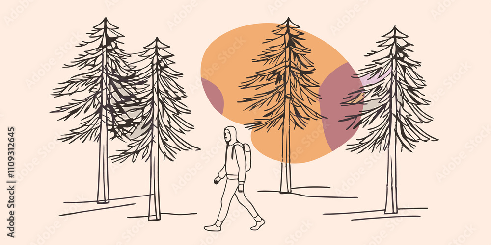 Poster whispering pines a person walks a tall slender pine trees that rise majestically above them. the sce