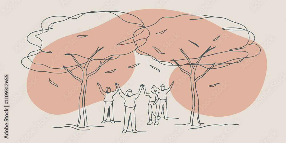 Poster Whispers of Wind A light breeze gently stirs the branches above creating a soft rustling sound. The groups stillness contrasts with the lively movement around them portraying a