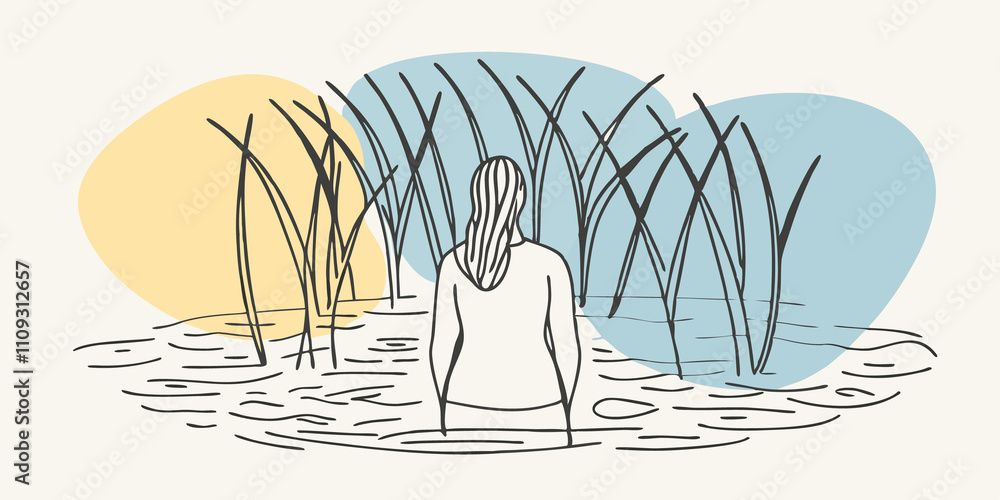 Poster Whispers of the Wind An individual stands with their back to the viewer gazing into the spring their hair gently blowing in the wind. The water is so clear that pebbles at the