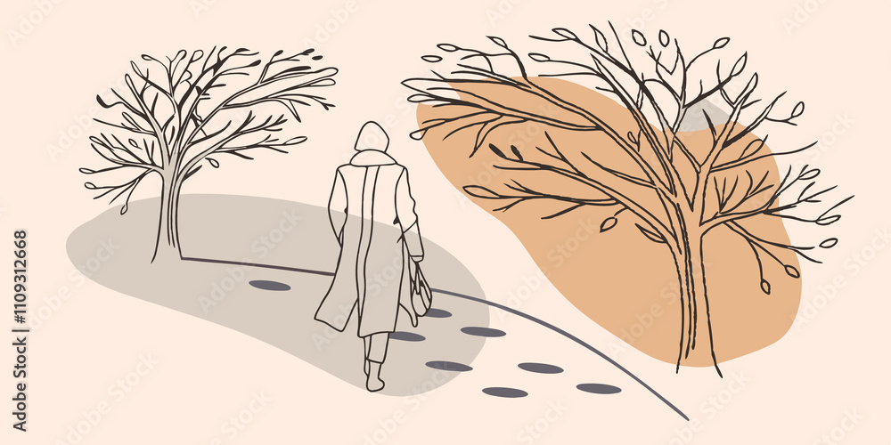 Poster whispers of winter a figure in a long overcoat walks along a quiet winding path framed by gently swa