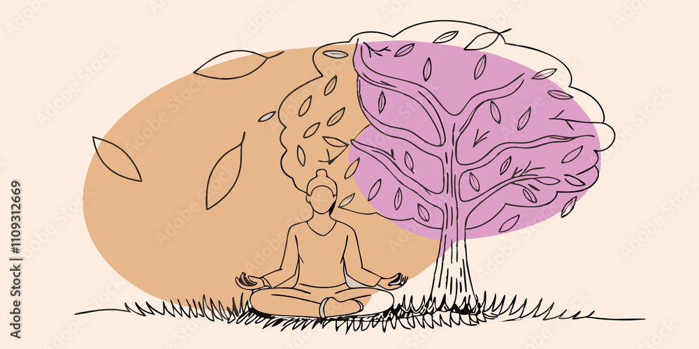 Aufkleber Whispers of the Wind Leaves flutter gently as the wind weaves through the branches producing a soft rustling sound. One meditator opens their eyes briefly captivated by the sound