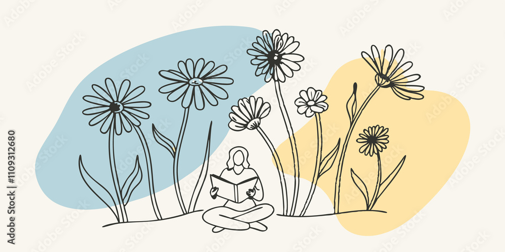 Poster wildflower circle in a circle of wildflowers a person sits crosslegged on the ground surrounded by a