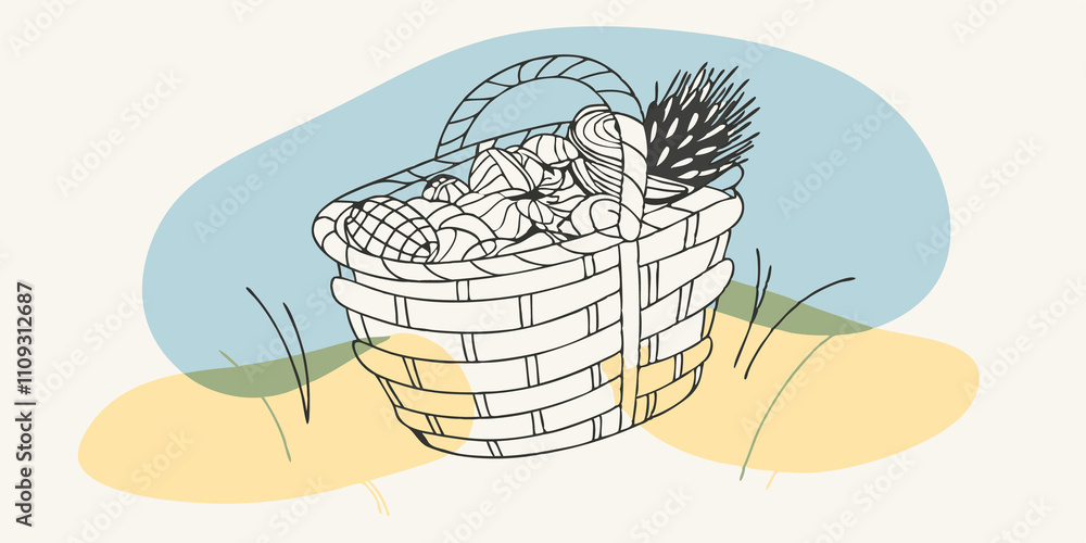 Aufkleber Wicker Basket Overview A wide shot of a neatly woven wicker basket sitting on a soft patch of grass. The basket is overflowing with a variety of shells pinecones and smooth stones
