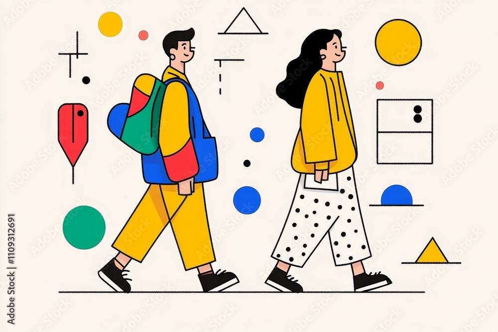 Poster a flat vector design of a couple walking together, surrounded by simple geometric shapes in pastel t
