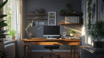 Modern Home Office Design with Wooden Desk and Bright Daylight. AI generated illustration