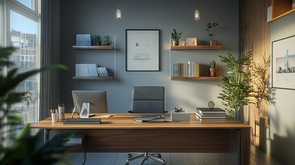 Modern Home Office Design with Wooden Desk and Bright Daylight. AI generated illustration