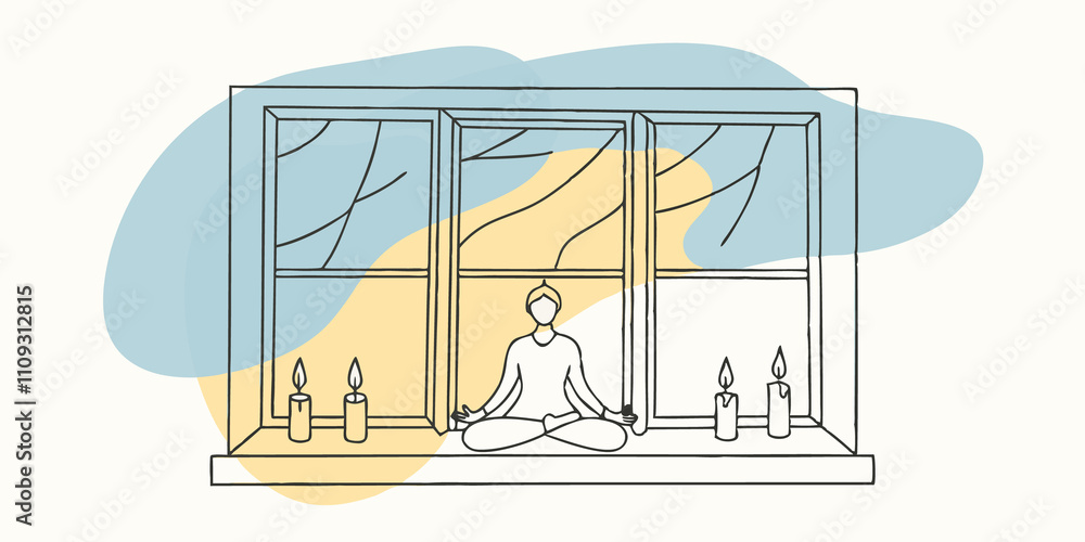 Poster window view a person is meditating by a window candles flickering on the sill. outside the twilight 