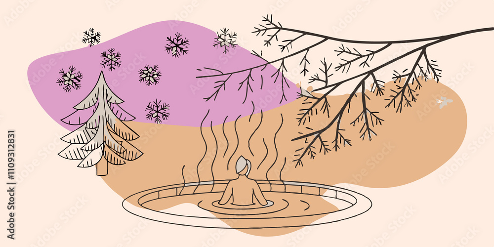 Poster winter wonderland in a snowy landscape a person enjoys the hot spring with steam rising high against