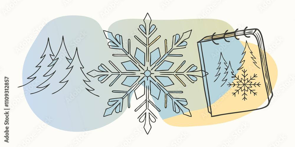 Poster Winter Wonder This mandala depicts snowflakes and icicles radiating from the center with intricate geometric patterns. Surrounding it the notebook features sketches of pine trees