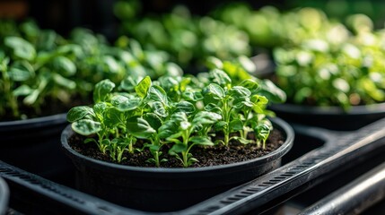 Lush green seedlings growing in black pots, showcasing healthy plant life in a nurturing environment.