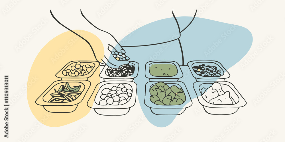 Aufkleber Arranging Ingredients The person carefully arranges colorful vegetables and grains in a beautiful display on the counter contemplating their choices. Each item is chosen with