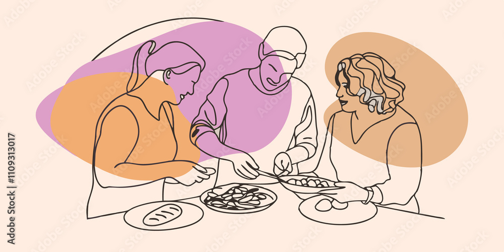 Poster at another angle a group of friends are engaged in deep conversation while carefully placing food on