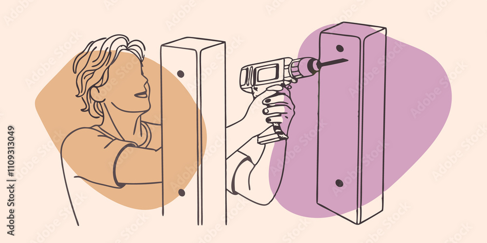 Aufkleber Assembling Walls The person is shown holding two wooden walls together using a power drill to secure them with screws. A detailed expression of concentration is on their face as