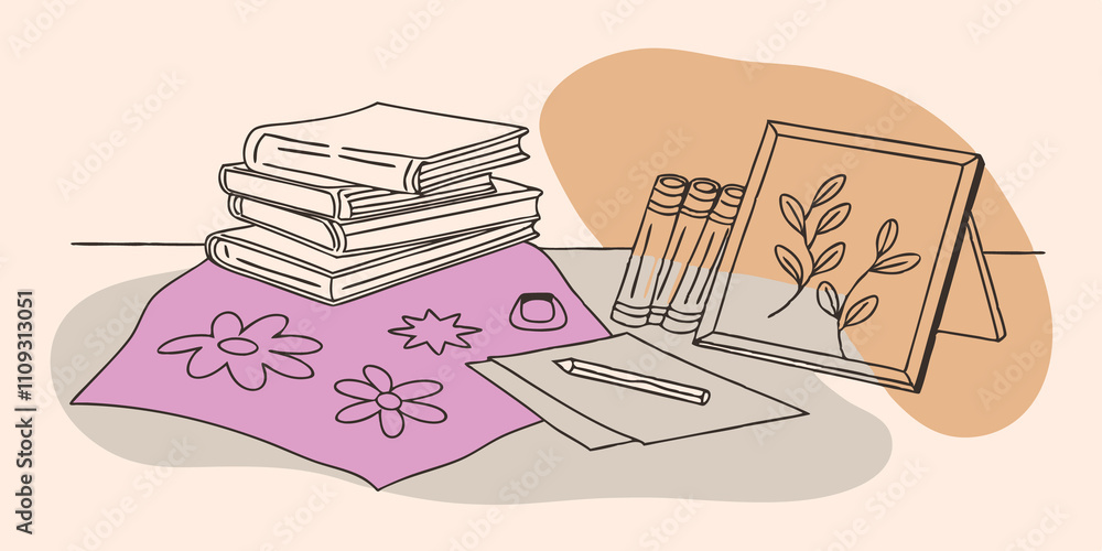 Aufkleber Art Supplies in a Cozy Setting The table is adorned with various art supplies a stack of sketchbooks of different sizes an assortment of pastel crayons and a small chalkboard with